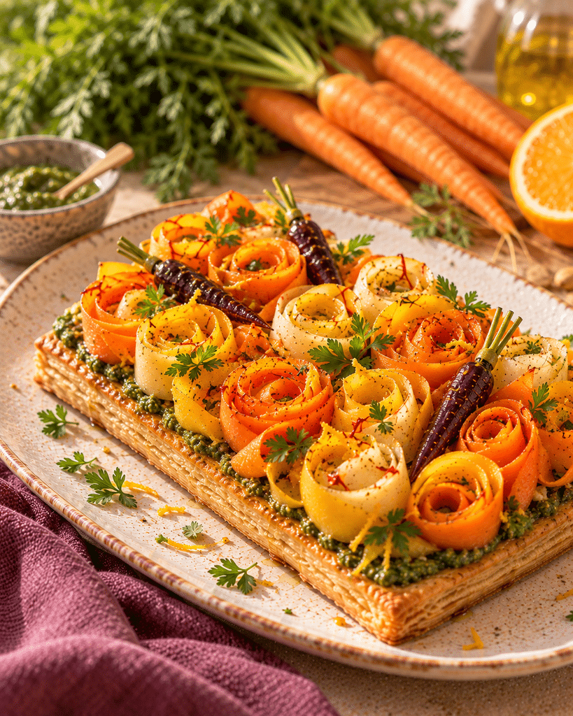 Tarte feuilletée aux roses de carottes et pesto