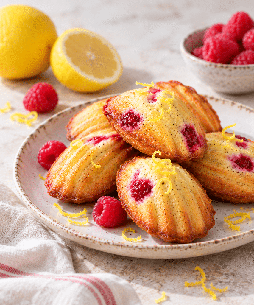 Madeleines aux framboises et citron sur une assiette