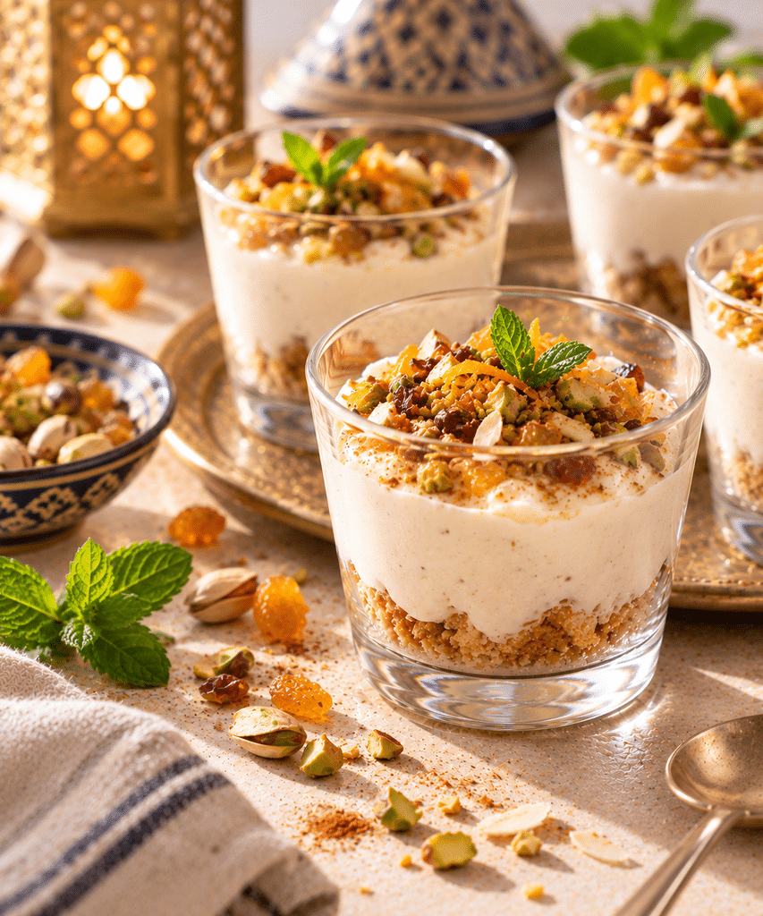 Verrines crémeuses aux pistaches, raisins secs et menthe