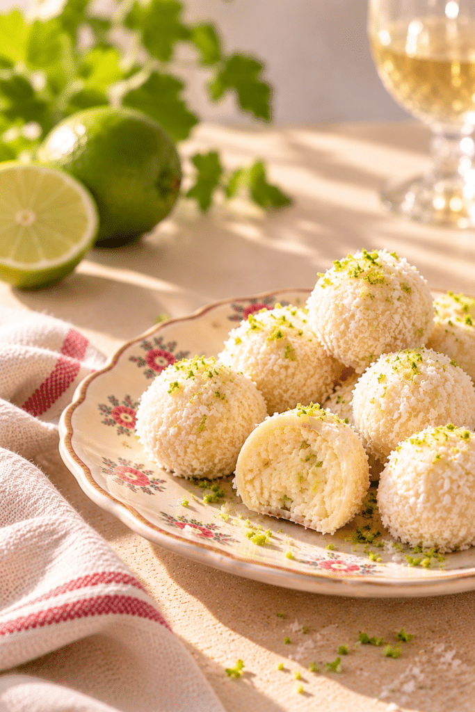 Truffes coco-citron vert sur assiette fleurie