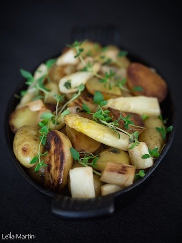 recette de pommes de terre ratte et asperges d'Alsace sautées avec de l'ail et du thym