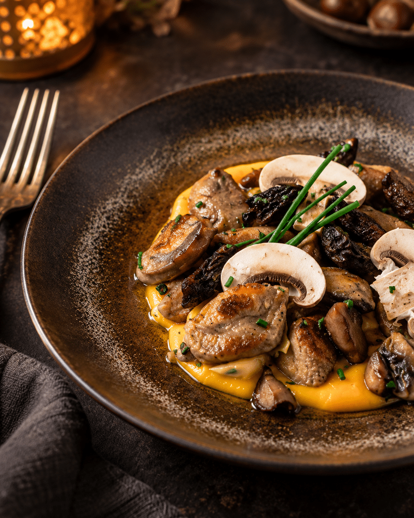knepfle de chataigne poêlés aux champignons sur crème de potimarron
