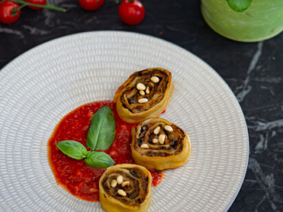 Recette de Fleischschnacka aux aubergines, chèvre frais d’Alsace et basilic