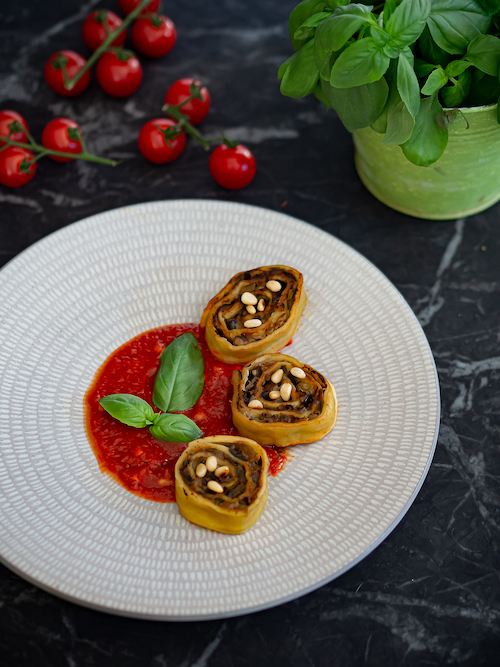 Recette de Fleischschnacka aux aubergines, chèvre frais d’Alsace et basilic