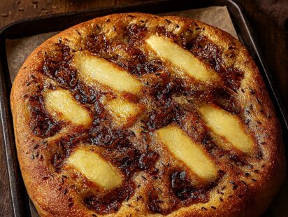 Recette de foccacia au munster et aux oignons confits