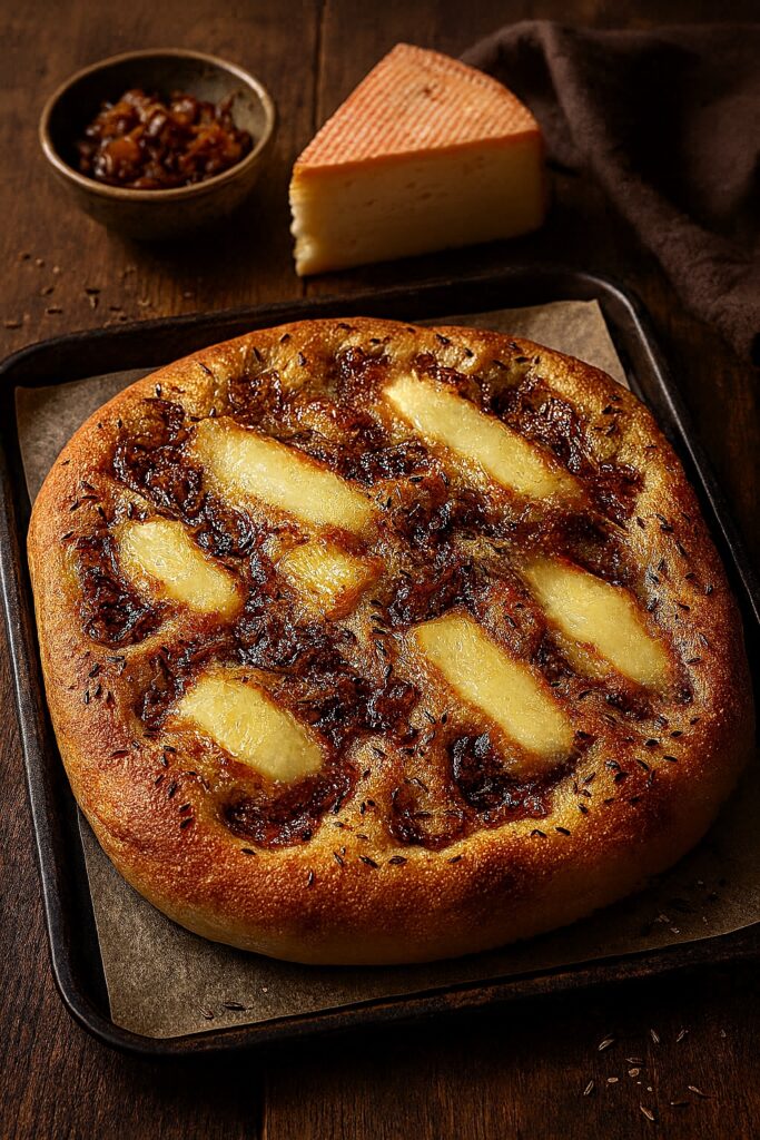 Recette de foccacia au munster et aux oignons confits