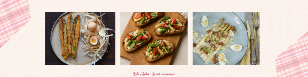 Trois plats gourmands et créatifs à base d'asperges présentés sur table