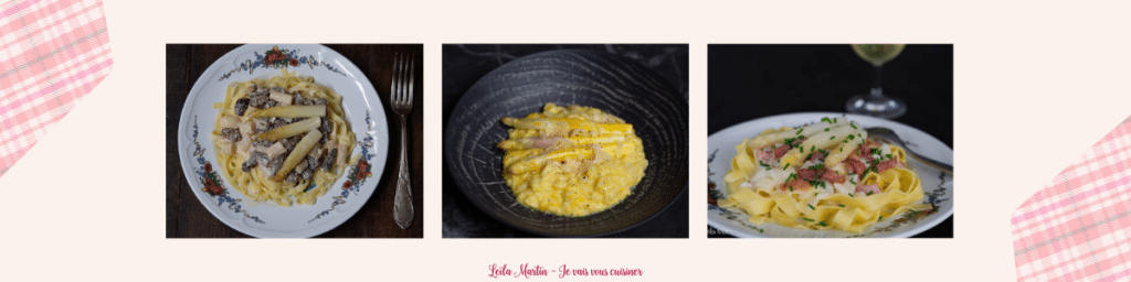 Trois assiettes de pâtes et risotto aux asperges