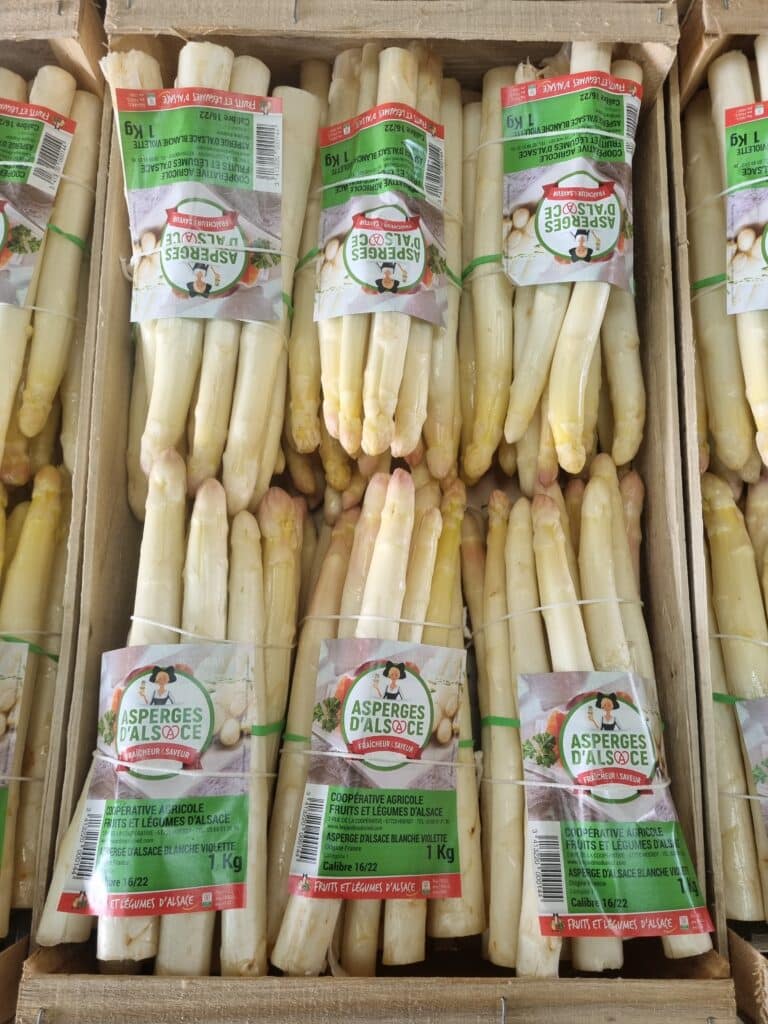 Bottes d’asperges blanches d’Alsace en cagettes